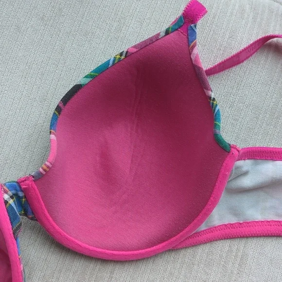 Victoria's Secret Underwire Lined Perfect Coverage Plaid Bra 36C Pink Green - Picture 13 of 16